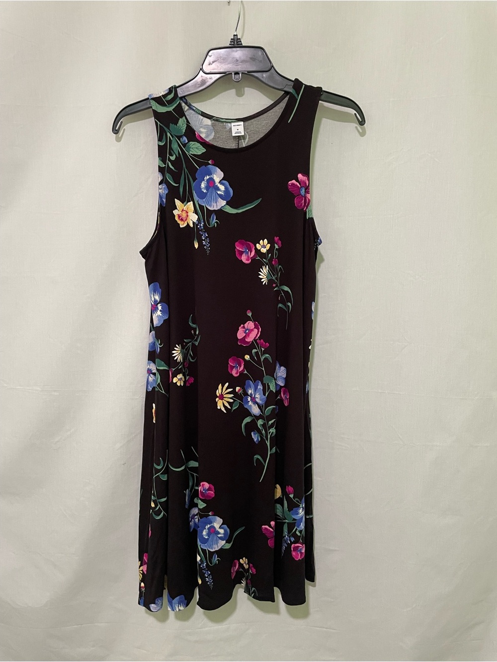 Old Navy Women’s Black Midi Dress with Blue, Pink and Yellow Floral Print Size M
